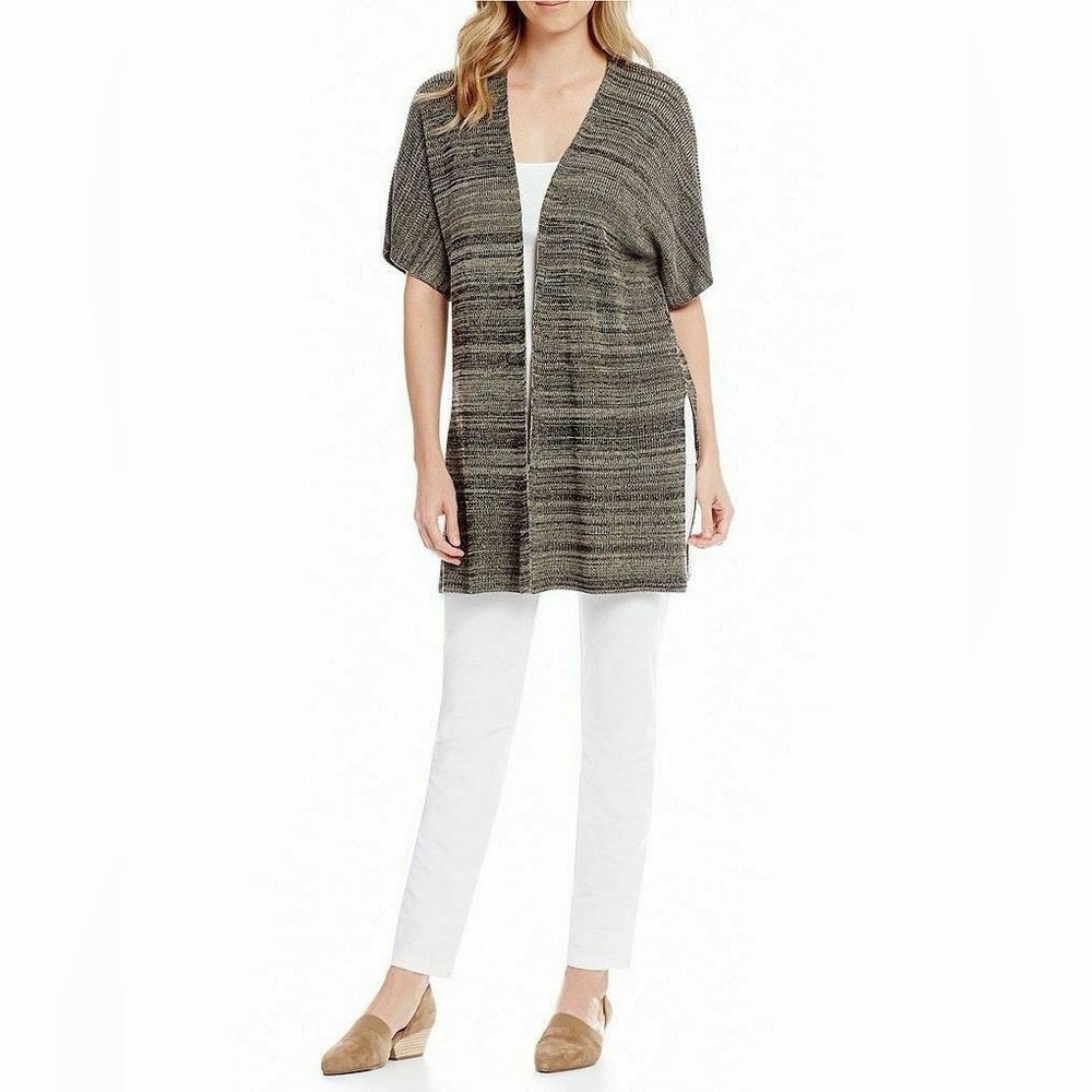 Eileen Fisher Sleek Cardigan Tencil Knit Small Medium Straight Hem Heather Soft